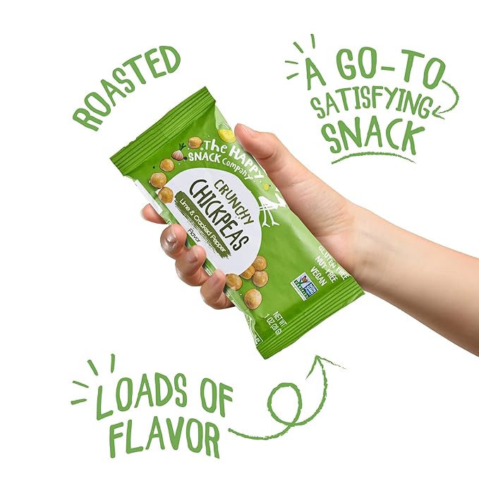 The Happy Snack Company Crunchy Chickpeas Lime & Cracked Pepper 24 x 1 oz. 5g Plant Based Protein & 120 Cals. Gluten,Nut & Dairy Free, Non-GMO and Vegan.