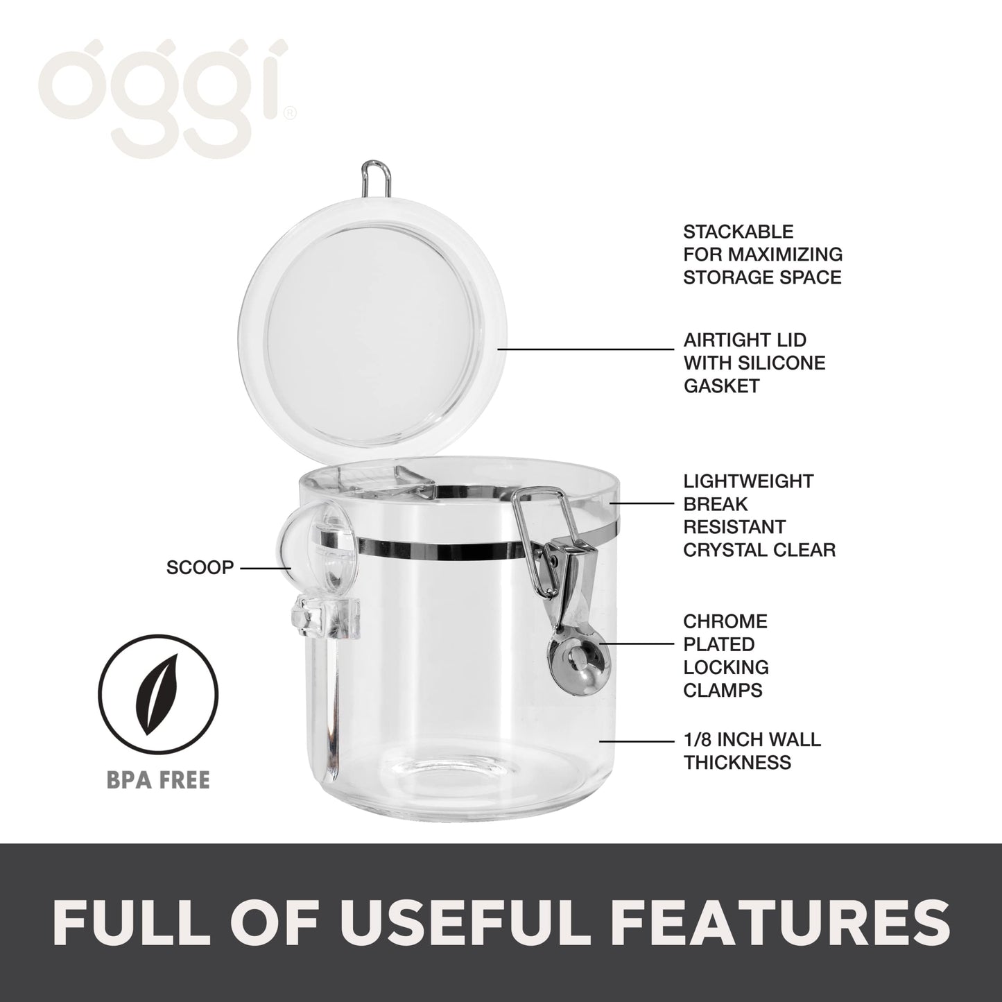 Oggi 4pc Clear Canister Set with Clamp Lids & Spoons - Airtight Food Storage Containers, Ideal for