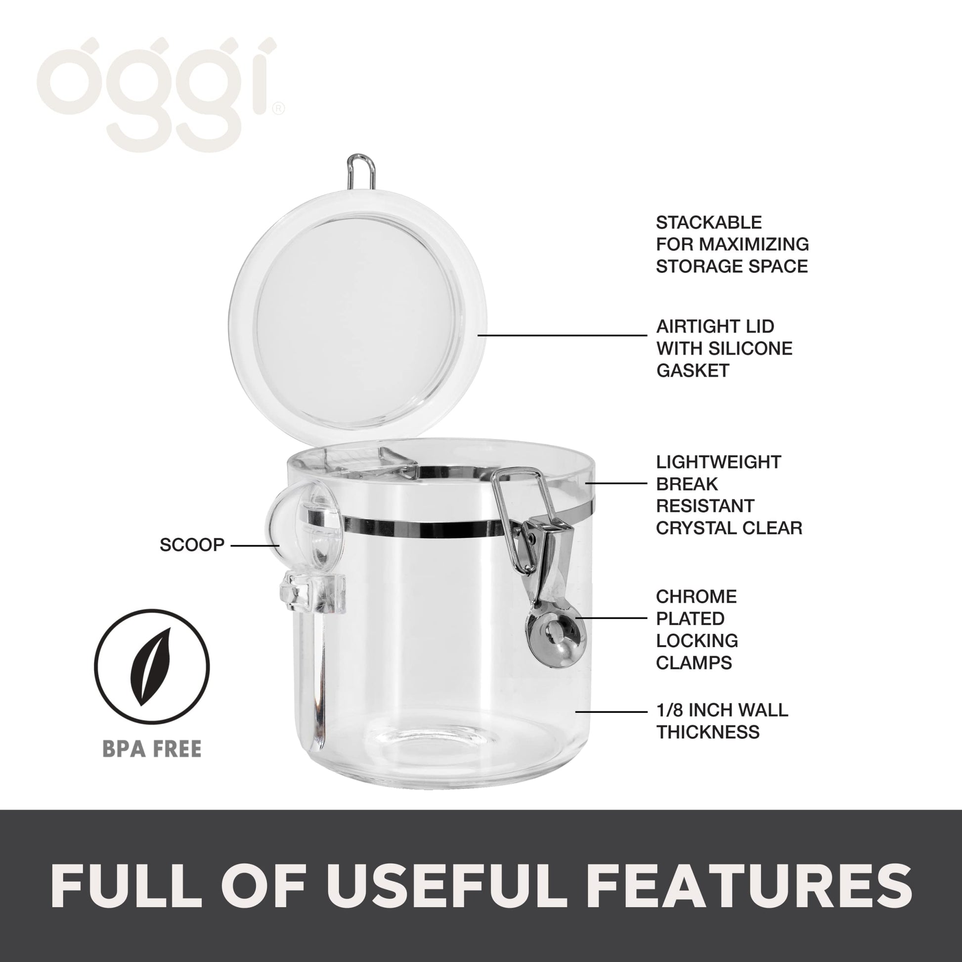 Oggi 4pc Clear Canister Set with Clamp Lids & Spoons - Airtight Food Storage Containers, Ideal for