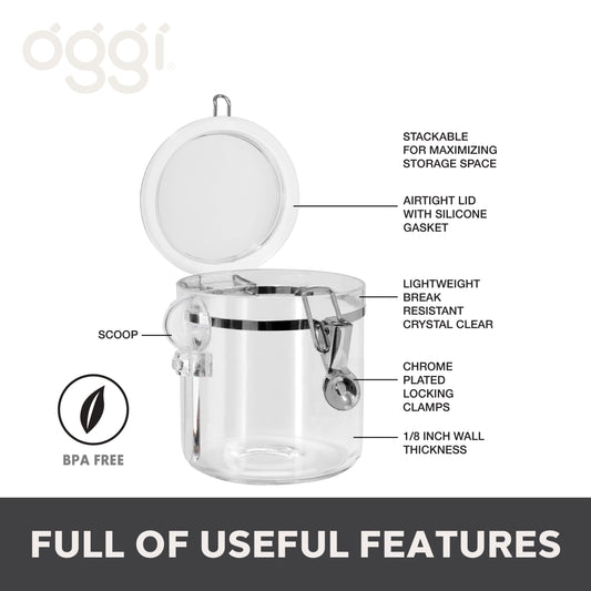 Oggi 4pc Clear Canister Set with Clamp Lids & Spoons - Airtight Food Storage Containers, Ideal for