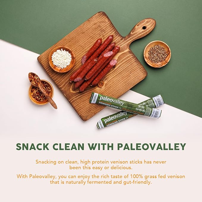 Paleovalley 100% Grass Fed Venison Sticks - 10 Pack -Keto-Friendly, High Protein, Low-Calorie Snack - Omega-3 Rich, Gluten-Free, Nitrate-Free, Naturally Flavored -Healthy On-the-Go Meat Snack