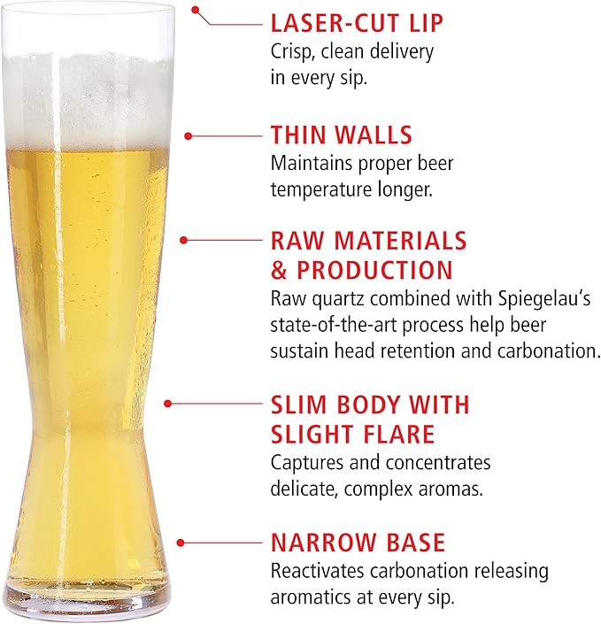 Spiegelau Beer Classics Tall Pilsner Glasses, Set of 4, European-Made Lead-Free Crystal, Modern Beer Glasses, Dishwasher Safe, Professional Quality Pilsner Glass Gift Set, 15 oz