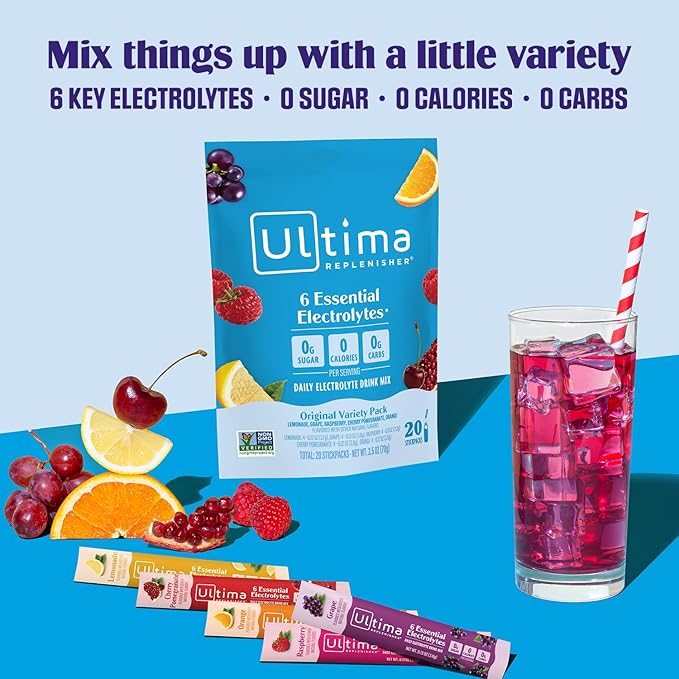 Ultima Replenisher Daily Electrolyte Powder Drink Mix ??Sugar Free ??Original Variety, 20 Stickpacks ??Hydration Packets with 6 Electrolytes and Minerals ??Keto Friendly, Vegan, Non-GMO