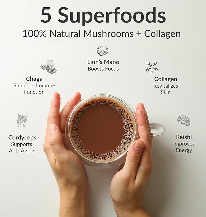 BIOptimizers Mushroom Coffee Alternative ??Chocolate Drink ??Lion?™s Mane, Chaga, Reishi + Collagen Peptides for Focus, Energy & Gut Health ??Adaptogenic Mushrooms & MCT Powder ??30 Servings