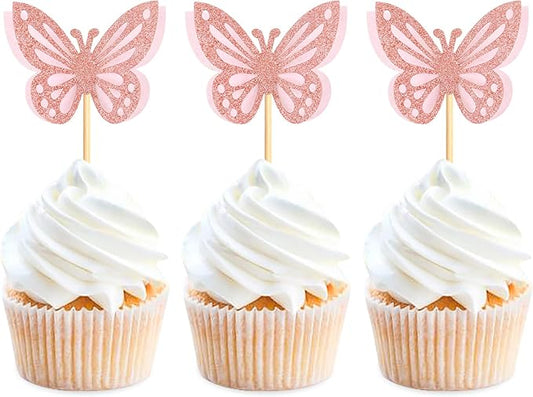 36PCS Butterfly Cupcake Toppers 3D Double Layers Hollow Cupcake Picks Baby Shower Cake Decorations Supplies for Butterfly Theme Wedding Anniversary Kids Birthday Party Light Pink