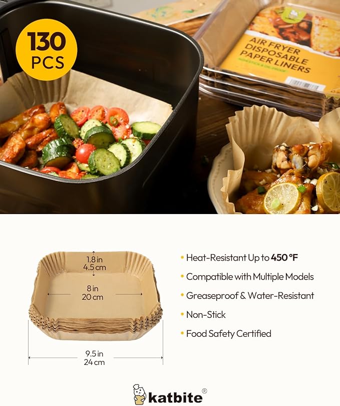 Katbite Air Fryer Liners Disposable - 8 inch Square Non-Stick Airfryer Paper Liners, Unbleached Parchment Paper for 5 to 8 Qt Basket, Frying, Baking, Cooking, Roasting, Easy Cleanup, 130pcs