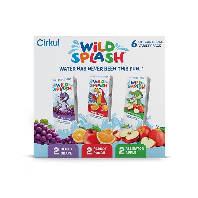 Cirkul Wild Splash Flavor Cartridge Variety Pack with Stevia, 6-Pack (2 Parrot Punch, 2 Alligator Apple, 2 Gecko Grape), No Sugar, Zero Calorie Drink Mix