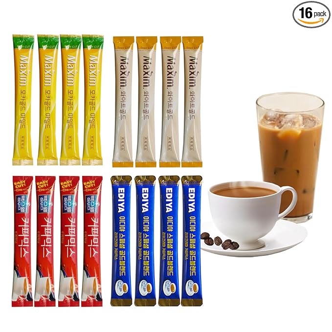 Korean 3 in 1 Instant Coffee Mix Variety Sample Packets-16 Sticks of 4 Different Flavors.Camping or Traveling Essentials.