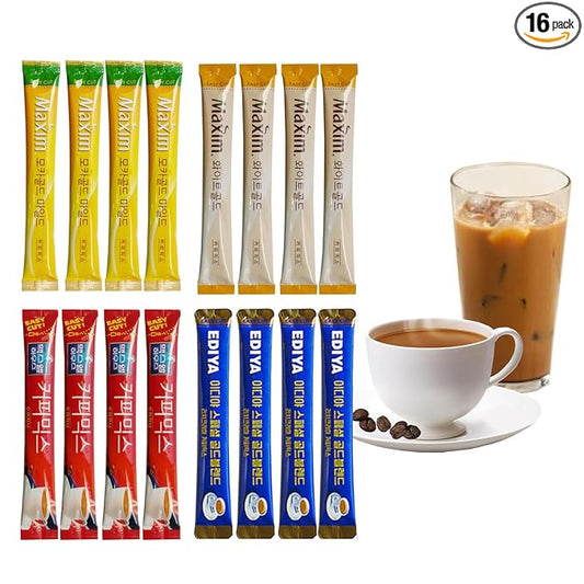 Korean 3 in 1 Instant Coffee Mix Variety Sample Packets-16 Sticks of 4 Different Flavors.Camping or Traveling Essentials.