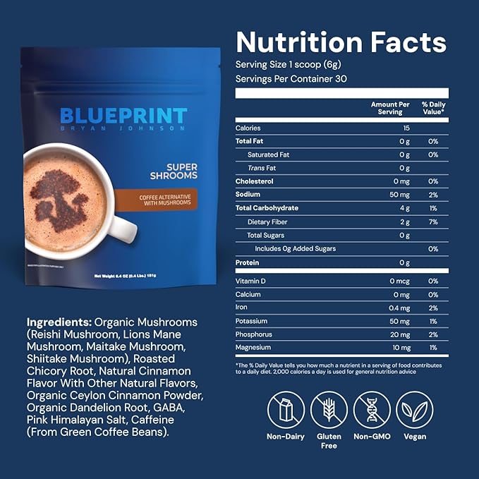 Blueprint by Bryan Johnson Super Shroom Coffee ??Mushroom Coffee with Lion?™s Mane, Reishi & GABA ??70mg Caffeine ??Focus & Energy Coffee ??Adaptogenic Coffee Alternative ??30 Servings