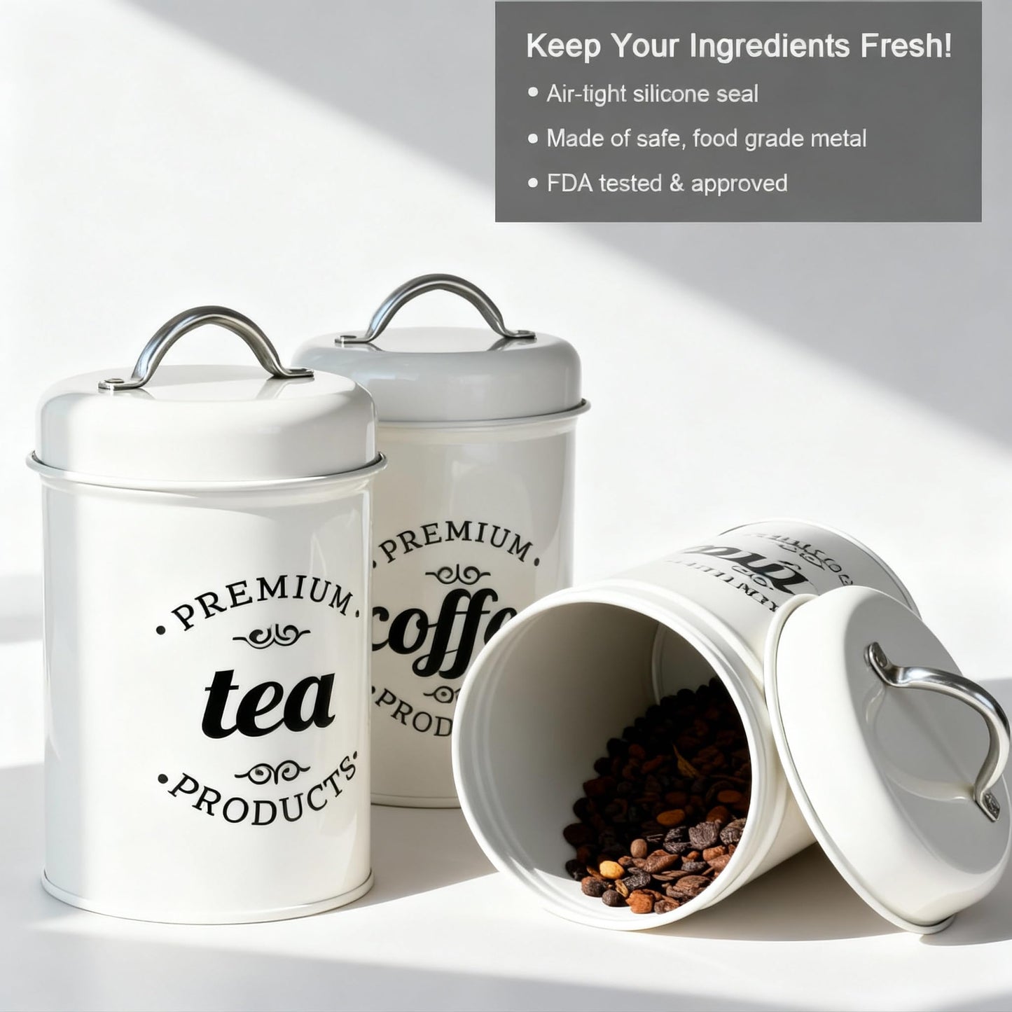 Dxlac 3 Piece Food Jars Canisters Sets, Airtight Coffee Container, Tea Organizer, And Sugar