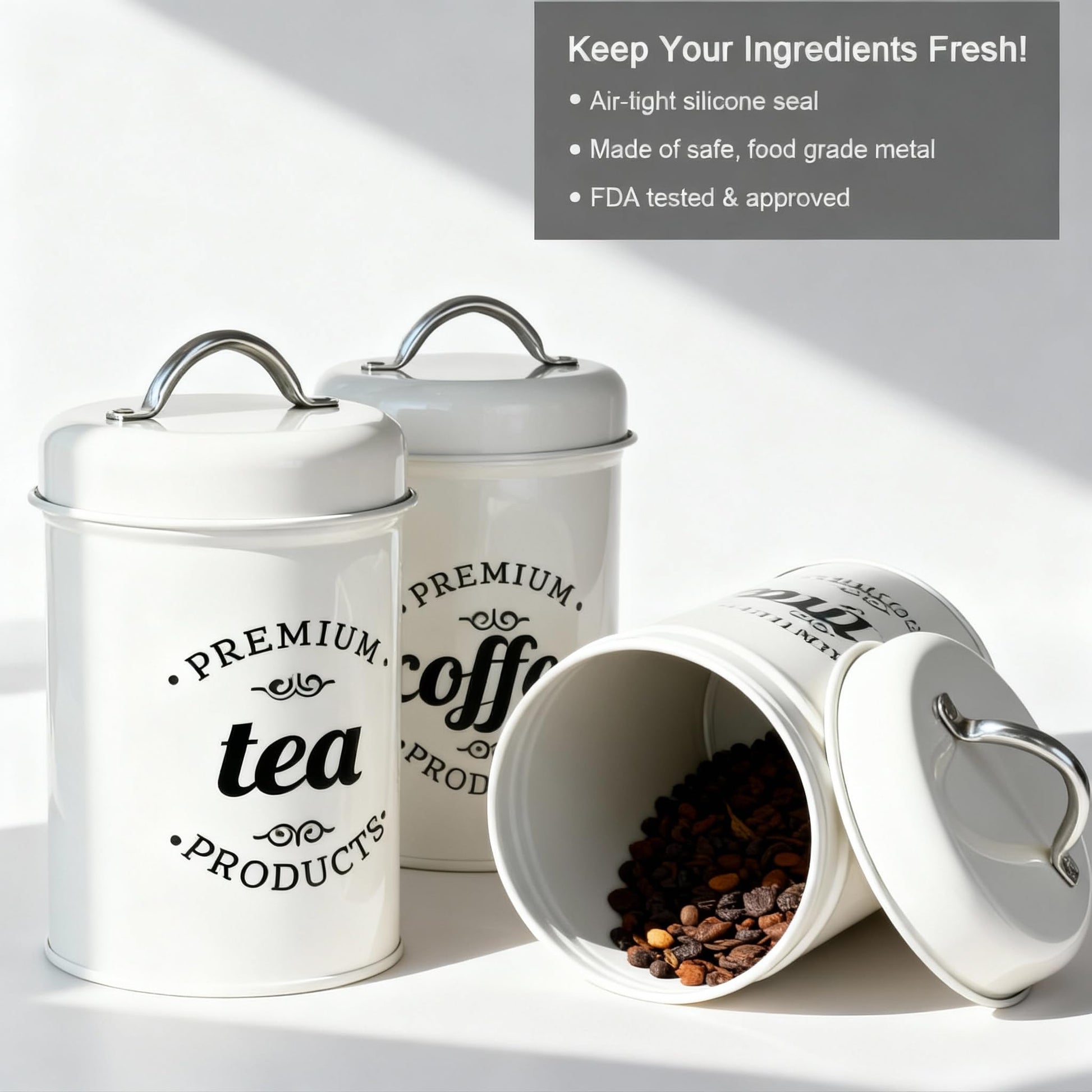 Dxlac 3 Piece Food Jars Canisters Sets, Airtight Coffee Container, Tea Organizer, And Sugar