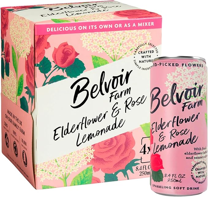 Belvoir Farm Elderflower & Rose Sparkling Lemonade | Delicious On It's Own Or As A Mixer | Product of UK | 4 Cans, 8.4 fl oz (250mL)