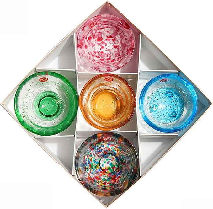 Japanese drinkware gift Handcrafted Mini Glass Set Elegant Japanese Sake Cups Perfect for Any Occasion Made in Japan (Five Elegant Hues (5 pcs), Sake Glass (1.69 fl oz))