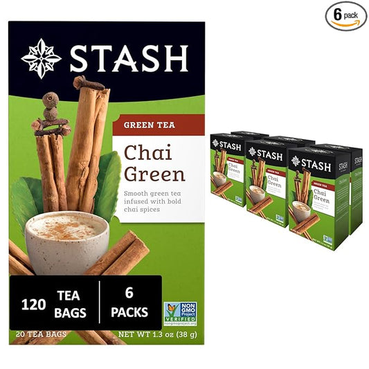 Stash Tea Chai Green Tea - Caffeinated, Non-GMO Project Verified Premium Tea with No Artificial Ingredients, 20 Count (Pack of 6) - 120 Bags Total