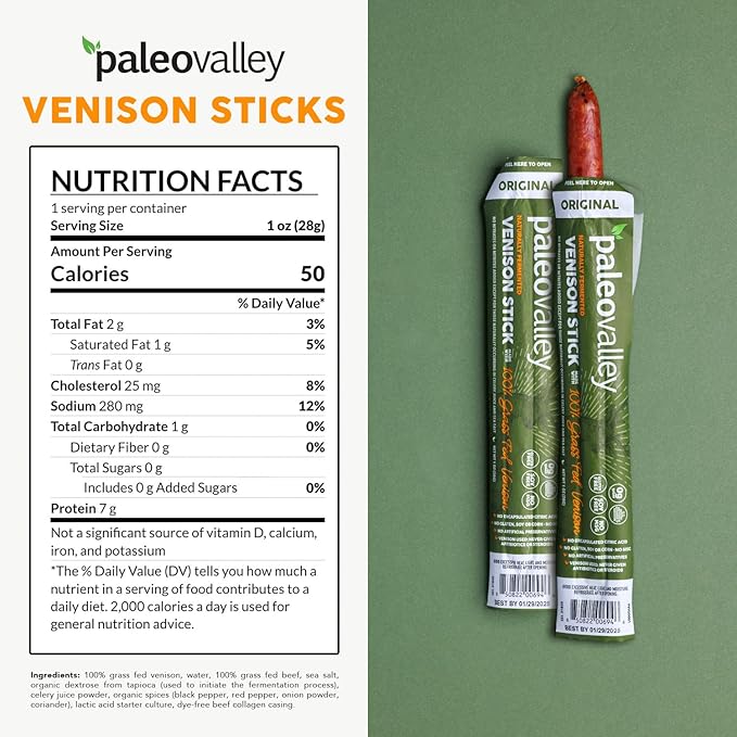 Paleovalley 100% Grass Fed Venison Sticks - 10 Pack -Keto-Friendly, High Protein, Low-Calorie Snack - Omega-3 Rich, Gluten-Free, Nitrate-Free, Naturally Flavored -Healthy On-the-Go Meat Snack