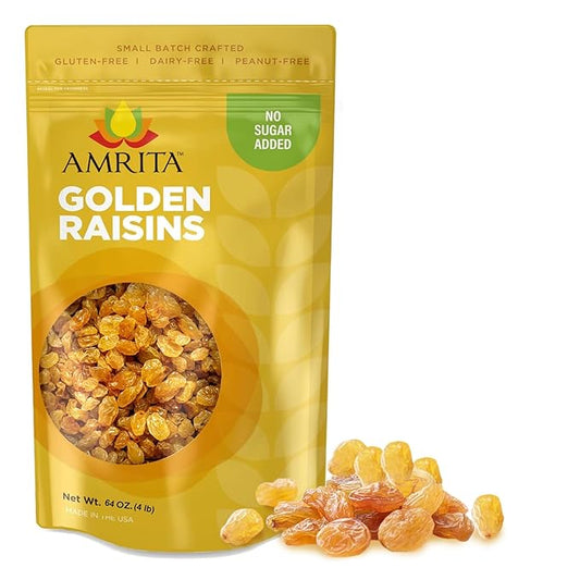 Amrita Golden Raisins 4 lb | No Added Sugar, Naturally Sweet, Gluten Free Dried Sultanas, Kishmish | Packed Fresh in Resealable Bags | Yellow and White Raisins, Vegan Snacks, Healthy Snacks