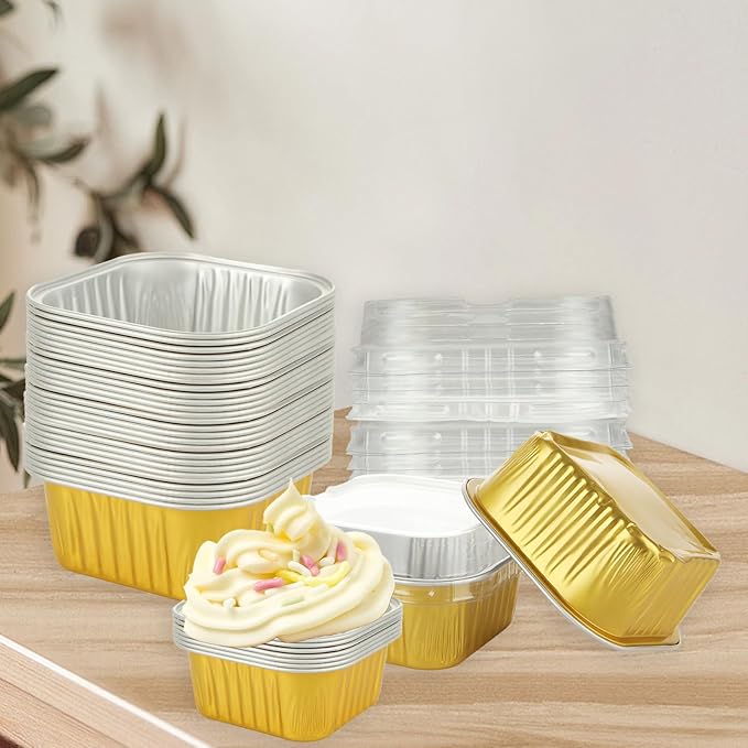 100 Pack 5 oz Mini Square Baking Cups with Lids, Aluminum Foil Baking Cups Mini Square Cupcake Cups, Disposable Ramekins Cake Pans Small for Brownie Cheesecake Muffin Puddings ??Gold