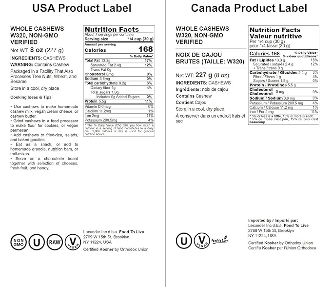 Food to Live Raw Cashews, 8 Ounces ??Deluxe Whole Nuts, Unsalted, Unroasted Fancy Snack, Size W-320, Kosher, Vegan, Bulk, A good source of Magnesium, Phosphorus, Manganese & Copper