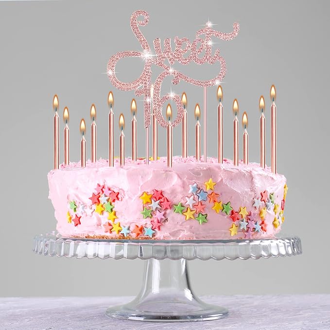 Tondiamo Sweet 16 Birthday Decorations Rhinestone Sweet 16 Cake Toppers 20 Pcs Metallic Happy Birthday Candles 16 Cake Decorations for Cupcake Decor(Pink)