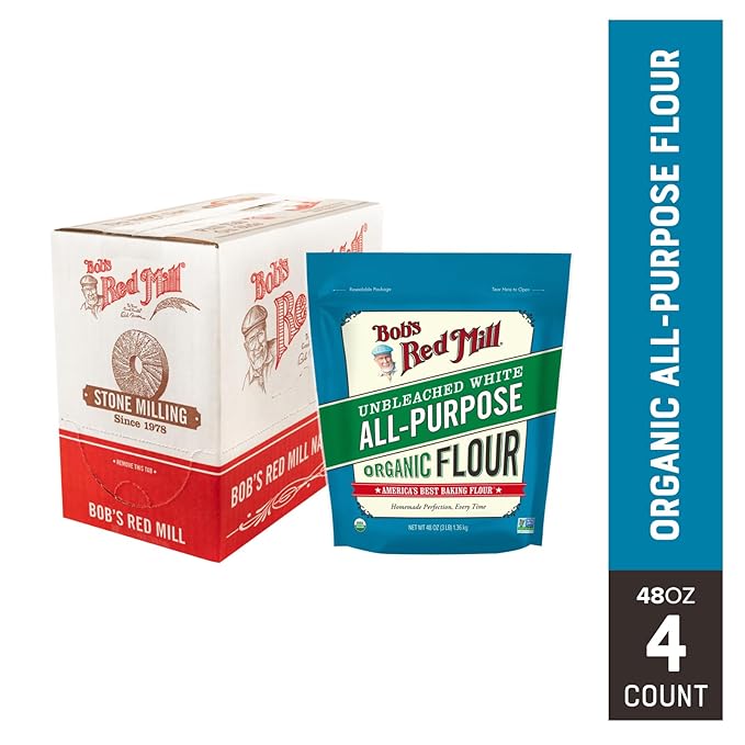 Bob's Red Mill Organic All Purpose Unbleached Flour, 3 Pound (Pack of 4) - Non-GMO, Vegan, Unbromated, Unenriched