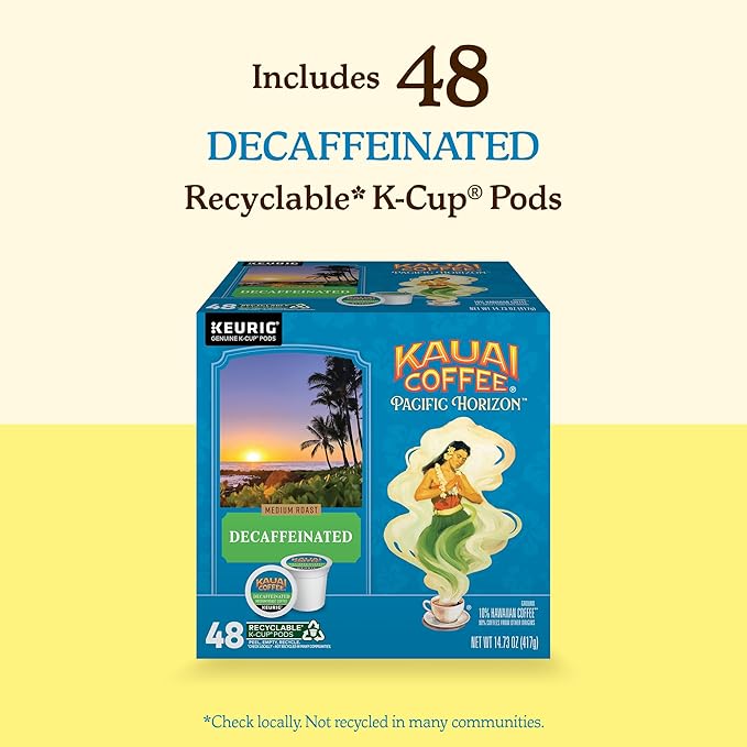 Kauai Coffee K-Cup Pods for Keurig Brewers – Arabica Coffee, 10% Hawaiian – Medium Roast, Bright Aroma with Floral Notes – Decaf, 1 Pack of 48 Single Serve K-Cups