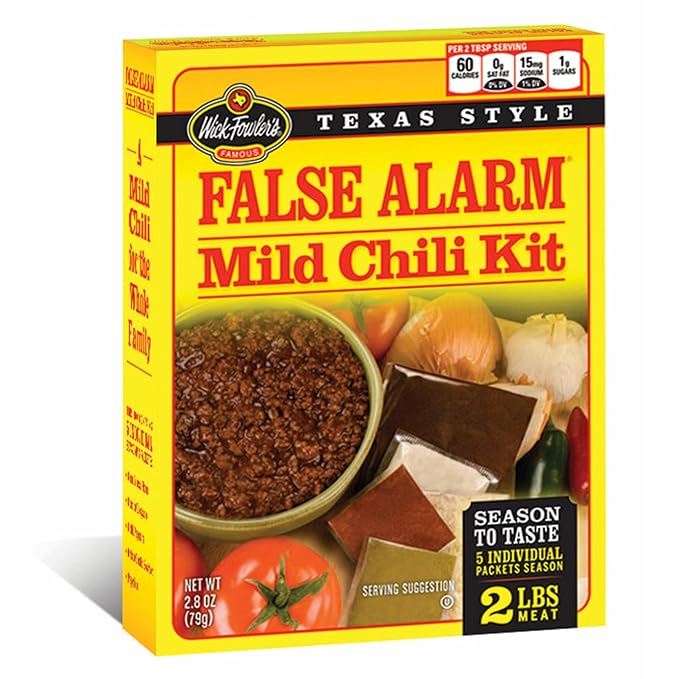 Wick Fowler's False Alarm Mild Chili Kit, Texas Style Chili Seasoning Mix with Individual Packs of Spices, 2.8oz Box (Pack of 1)