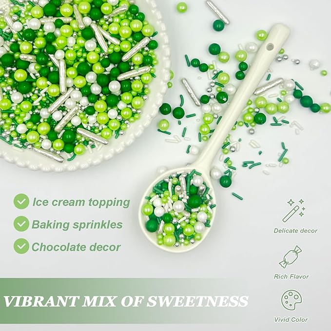 Sprinkles for Cake Decorating, Green and White Pearl Silver Jimmies St. Patrick?셲 Day Sprinkles Mix for Baking Cookies Cupcake Ice Cream