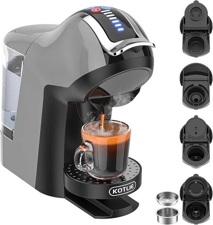 KOTLIE Espresso 5in1 Single Serve Coffee Maker, 19Bar Cappuccino&Latte Maker, Cold&Hot Brewing Coffee Machine for K*cup/NES*presso Original/D*olce G*usto/Ground Coffee/44mm ESE(LightGrey)