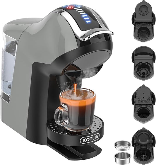KOTLIE Espresso 5in1 Single Serve Coffee Maker, 19Bar Cappuccino&Latte Maker, Cold&Hot Brewing Coffee Machine for K*cup/NES*presso Original/D*olce G*usto/Ground Coffee/44mm ESE(LightGrey)
