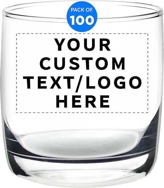 DISCOUNT PROMOS Custom Whiskey Glasses 10 oz Set of 100, Personalized Bulk Pack - Heavy Base Old Fashioned Glass, Perfect for Scotch, Bourbon, Whiskey, Cocktail - Clear Bottom Color