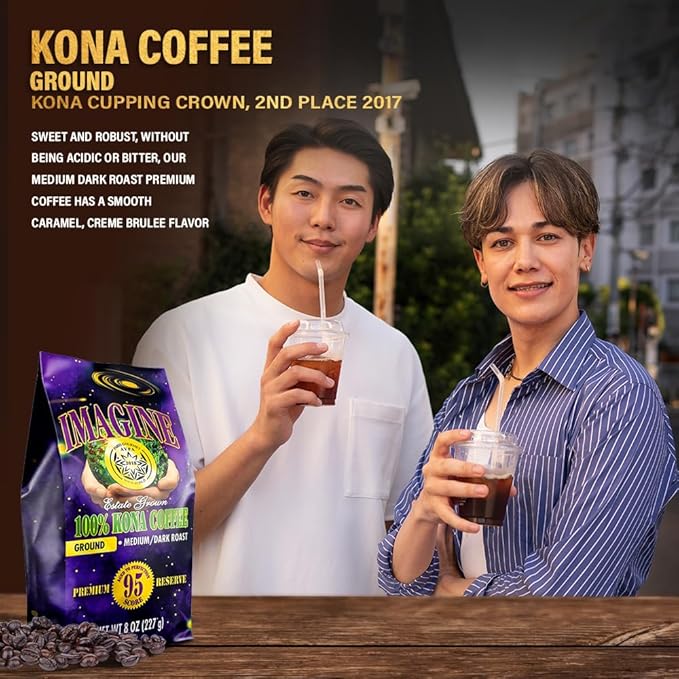 Imagine Kona Organic Coffee Beans | Arabica Kona Beans | Top Grade Air Roasted | Medium Dark Roast | Organic Whole Bean (Ground, 8 ounce)