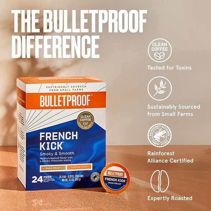 Bulletproof French Kick Dark Roast Single Serve Pods, 72 Count, 100% Arabica Coffee, Clean Coffee Tested for Toxins, Packaging May Vary