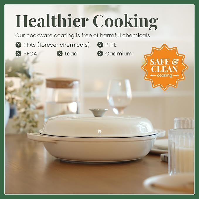 Larder & Vine Enameled Cast Iron Braiser | 3.6 qt Braiser Pan with Lid | Shallow Dutch Oven Compatible on All Cooktops | Casserole Dish Oven Safe to 500ì§?F | Dual Handles | White