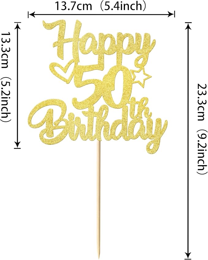 1 Pack Happy 50th Birthday Cake Topper Glitter Heart Star 50 Fabulous Cake Pick Birthday Sign Cake Decorations for Children 50th Birthday Theme Party Supplies Gold
