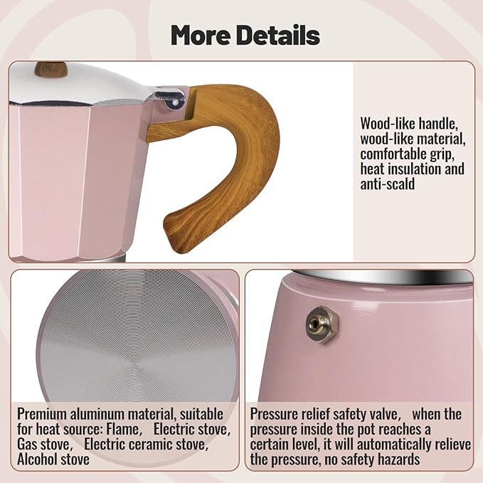 3 Cup Aluminum Moka Pot Classic Stovetop Espresso Coffee Maker 150ml 5oz Coffeemaker Percolator Mocha Pot Greca Coffee Maker Cafe Makers for Italian and Cuban Cafì±?Brewing Pink