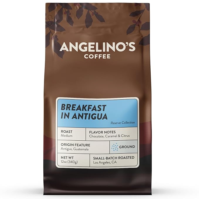 Angelino's Coffee Breakfast Blend Coffee, 12oz Ground, Medium Roast Reserve, Guatemalan Guatemala Coffee with Chocolate Notes, Hints of Caramel and Citrus, Premium Experience - Breakfast in Antigua