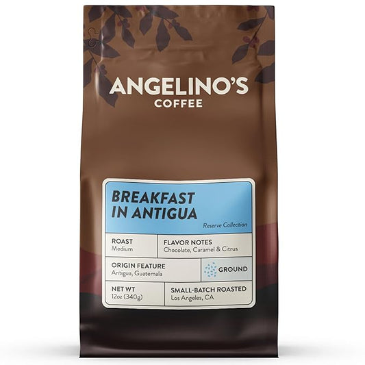 Angelino's Coffee Breakfast Blend Coffee, 12oz Ground, Medium Roast Reserve, Guatemalan Guatemala Coffee with Chocolate Notes, Hints of Caramel and Citrus, Premium Experience - Breakfast in Antigua