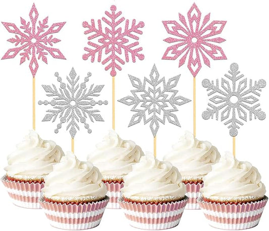 24PCS Glitter Snowflake Cupcake Toppers for Snowflake Decorations, Frozen Snowflake Cake Topper, Christmas Snowflake Cake Picks for Winter Decorations (Pink)