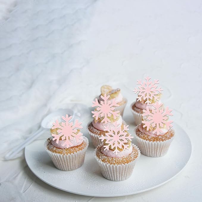 60 PCS Edible Snowflake Cupcake Toppers Wafer Paper Snowflake Cake Decorations Edible Snowflake Cupcake Picks Topper for Christmas Winter Frozen Theme Baby Shower Birthday Party Decor Supplies Pink