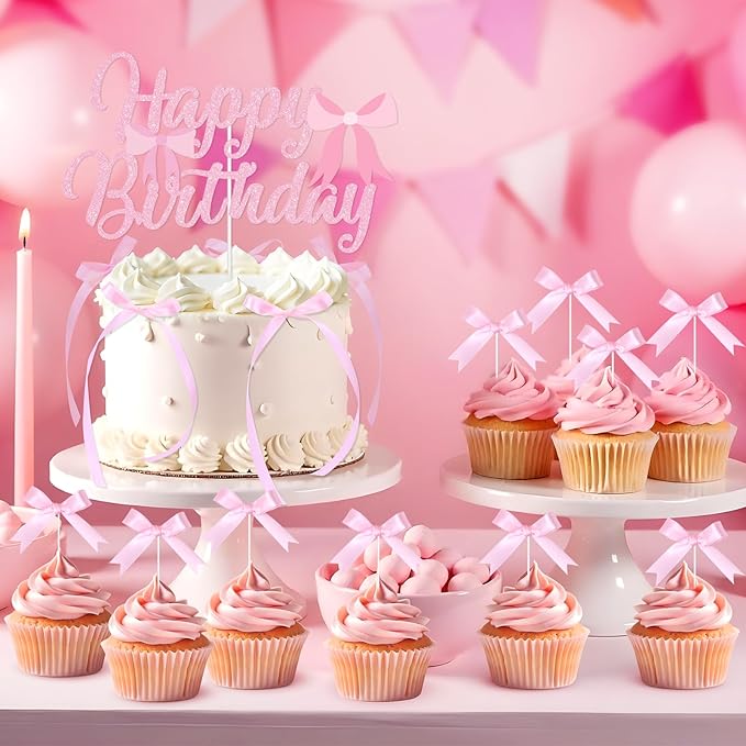 Pink Bow Cake Toppers, Happy Birthday Sign, 12Pcs Ribbion Bow Cupcake Toppers & 6Pcs Cake Toppers for Pink Bow Birthday Decorations, Baby Shower, Bridal Shower, Graduation Party