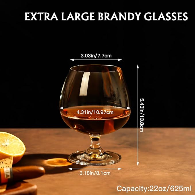 Physkoa 22 oz Large Brandy Snifter Glasses ??Set of 4 Short Stem Giant Brandy & Cognac Glasses for Bourbon, Scotch, Tequila, Rum, Beer & Spirits