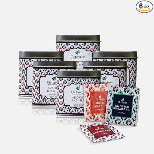 Octavius Tea Variety Pack | 3 Assorted Black Teas ??Indian Masala, Darjeeling & English Breakfast | Strong CTC Tea for Milk | 25 Tea Bags Each | Pack of 6 | Rich & Malty Flavor