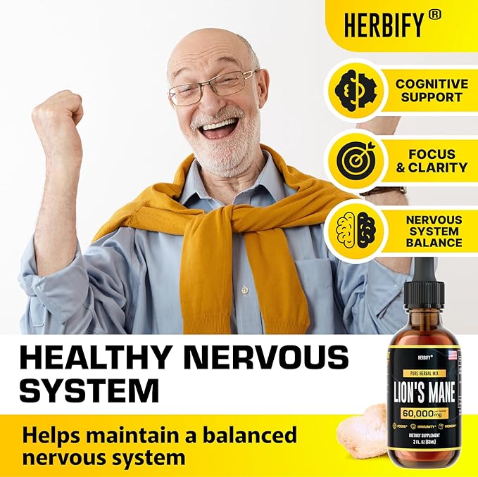 HERBIFY Lions Mane - Lions Mane Mushroom Supplement- Lions Mane Tincture - Lions Mane Immune Support - Lions Mane Tincture for Memory, Focus & Clarity - Daily Mushroom Supplement 2 Fl oz