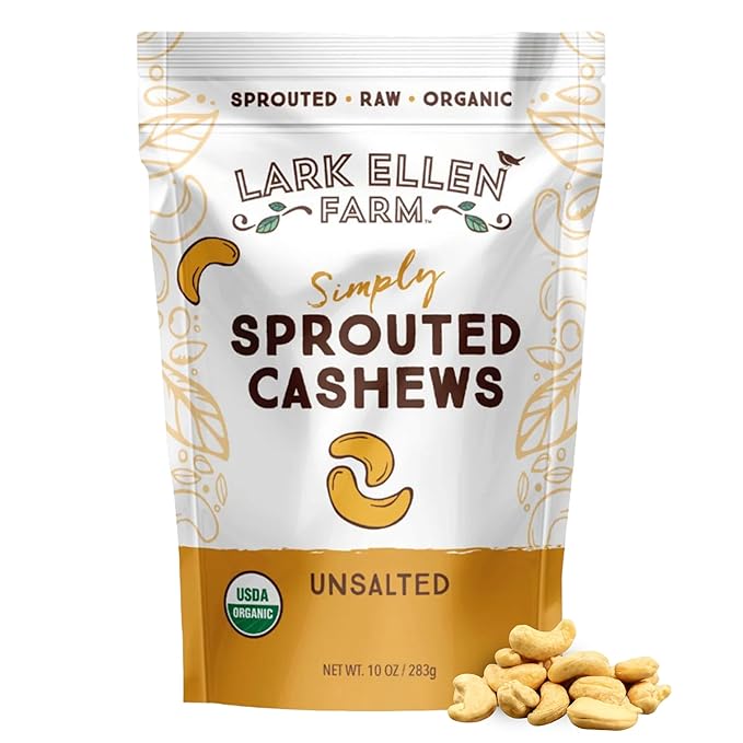 Lark Ellen Farm Unsalted Organic Raw Cashews, Sprouted, Air-Dried, Gluten-Free, Non-GMO, Vegan, Keto, Certified USDA, Peanut-Free Facility, Resealable Bag (10 oz, 6 pack)