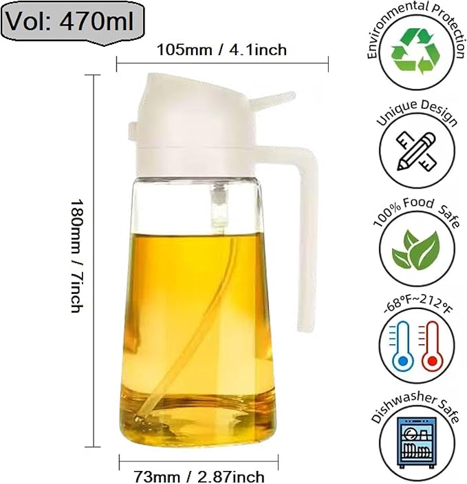 Oil Sprayer for Cooking 2 in 1, 470ml/16oz, Oil Spray & Dispenser Glass Bottle, Food-grade material for Kitchen, Salad Dressing, Frying, Air Fryer & BBQ (Creamy White)