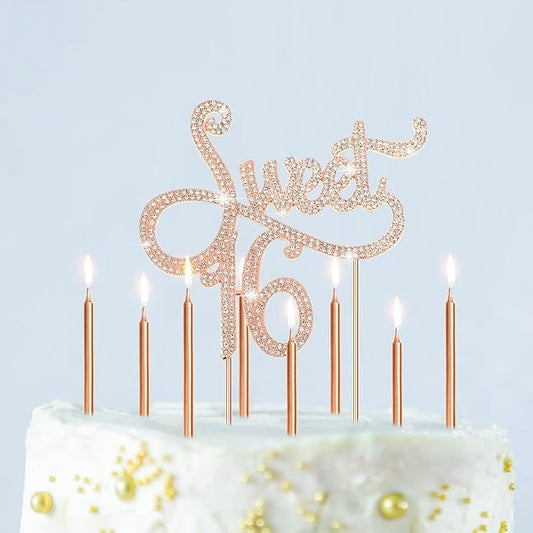 Tondiamo Sweet 16 Birthday Decorations Rhinestone Sweet 16 Cake Toppers 20 Pcs Metallic Happy Birthday Candles 16 Cake Decorations for Cupcake Decor(Rose Gold)
