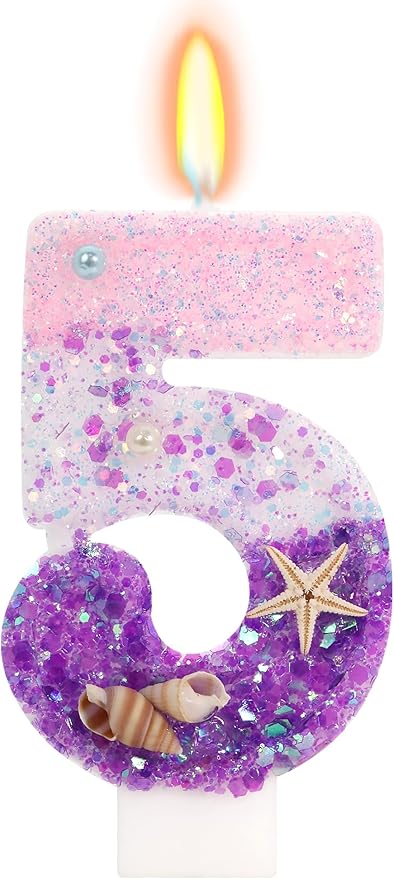 Pink and Purple Number 5 Birthday Candle, 2.76 inch Cake Topper with Conchs Starfish for Mermaid Theme Birthday Party Decoraions (Number 5)