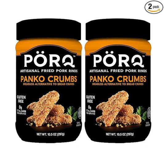 PORQ Artisanal Fried Pork Rinds, Panko Crumbs, Breadless Alternative to Bread Crumbs, Zero Carbs, Gluten Free & Keto Friendly, 10.5-Ounce Bottle (Pack of 2)