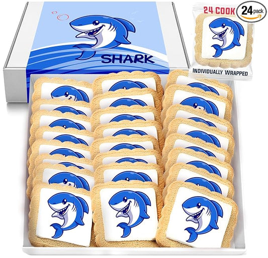 Shark Cookies Baby Theme Birthday | Individualy Wrapped Printed Cookies 24 Pack Bulk | Party Favors Under the Sea Blue